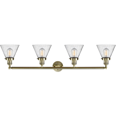 Franklin Restoration Large Cone 4 Light 44 inch Antique Brass Bath Vanity Light Wall Light in Incandescent, Seedy Glass, Franklin Restoration
