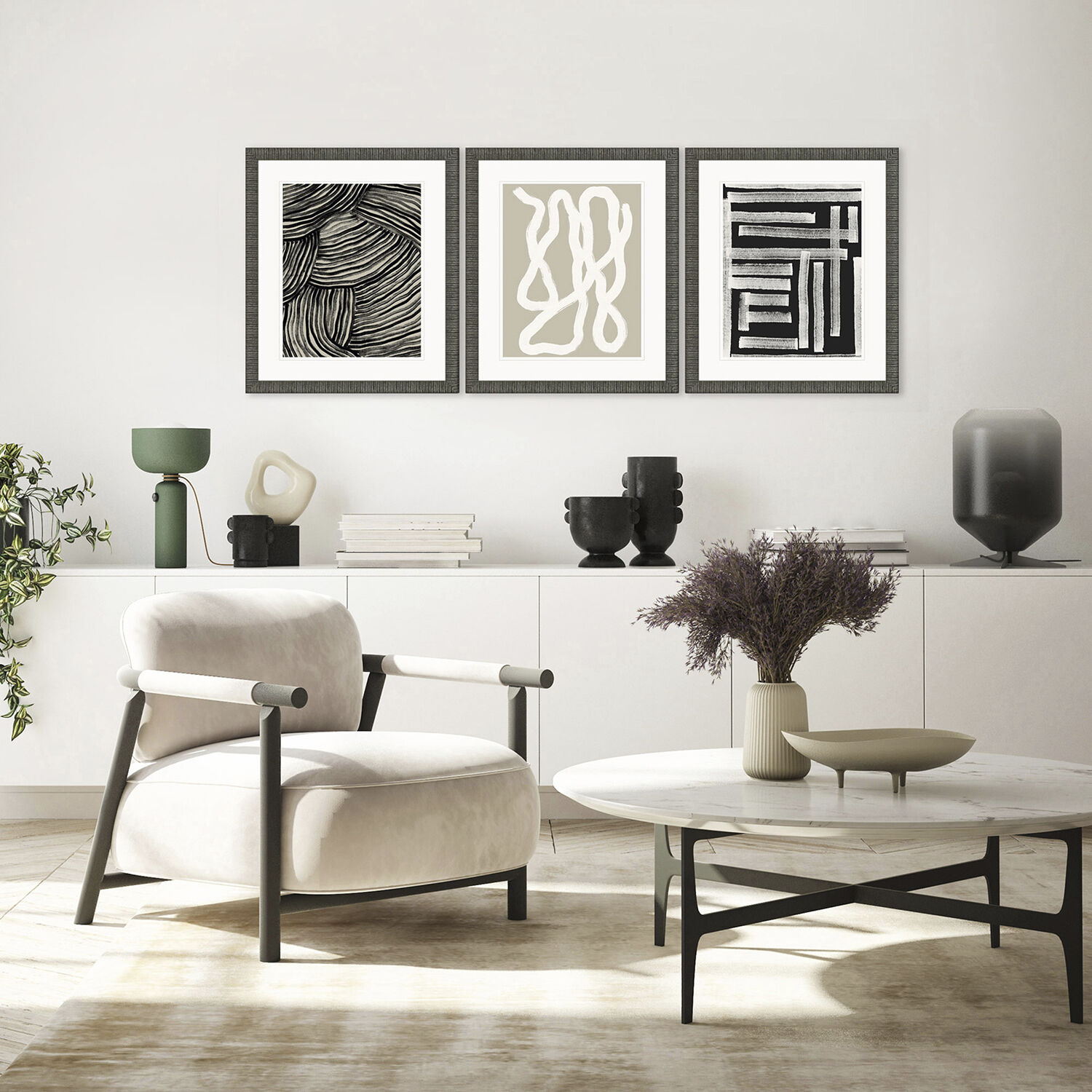 Naive Lines Black and Beige and Neutral and White Framed Art