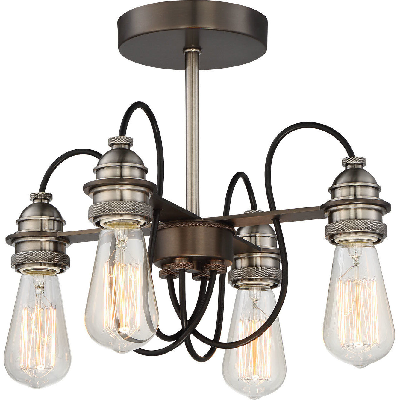 Uptown Edison 4 Light 14 inch Harvard Court Bronze/Pewter Semi Flush Mount Ceiling Light, Convertible