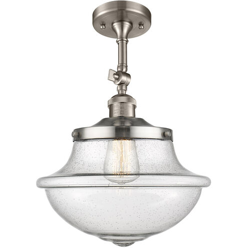 Franklin Restoration Large Oxford LED 12 inch Brushed Satin Nickel Semi-Flush Mount Ceiling Light in Seedy Glass, Franklin Restoration