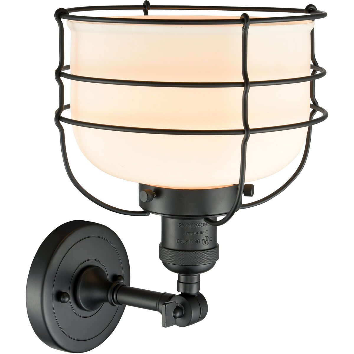 Franklin Restoration Large Bell Cage LED 9 inch Matte Black Sconce Wall Light in Matte White Glass, Franklin Restoration
