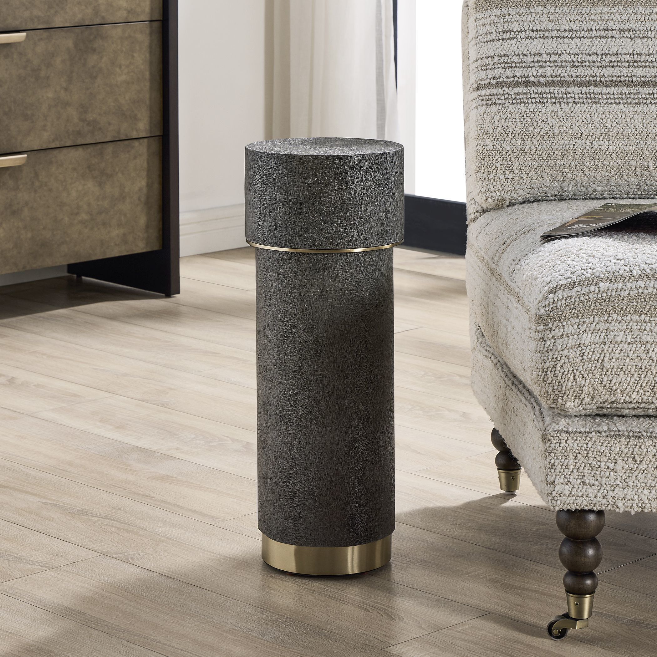 Wessex 22.5 X 8.5 inch Charcoal Faux Shagreen and Brushed Brass Drink Table