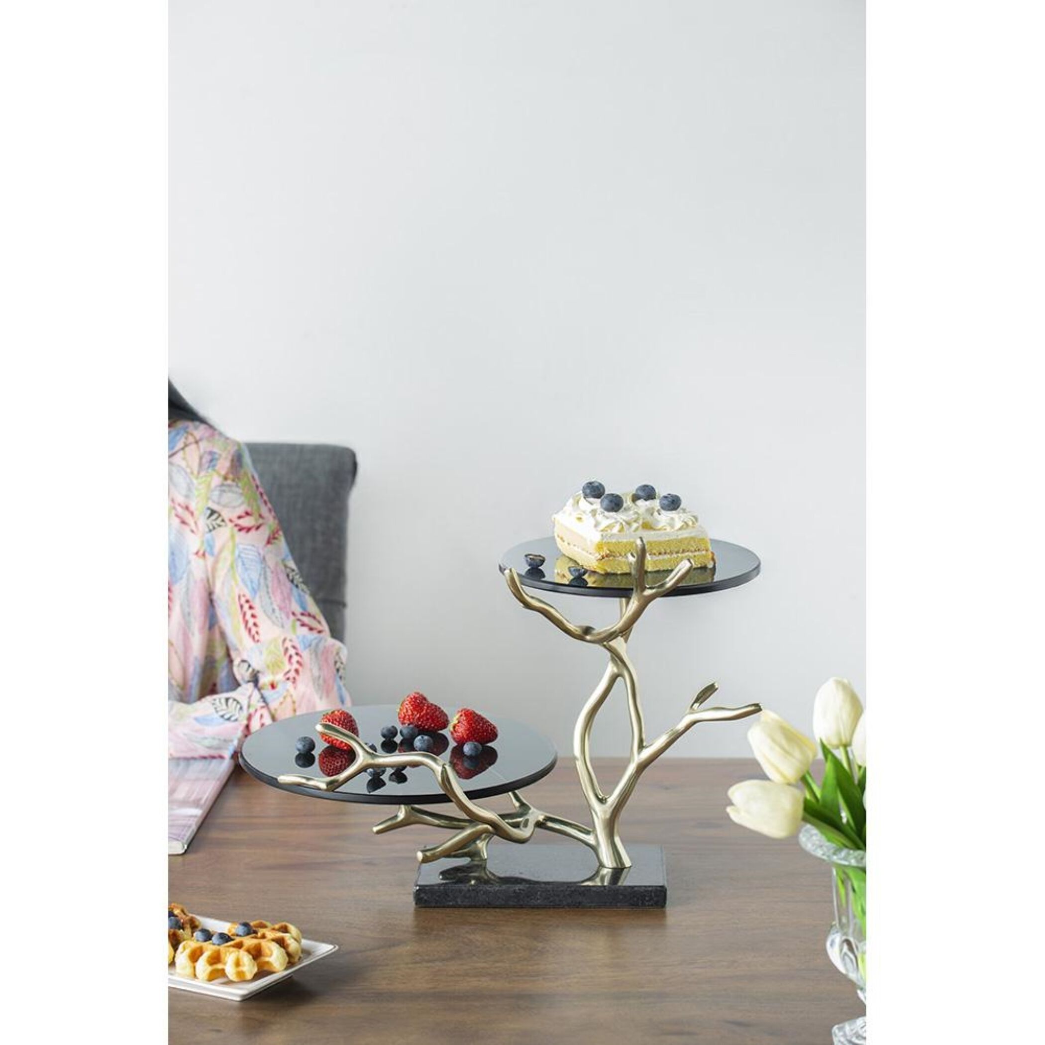 Anita 16.9 X 12.4 inch Polished Gold Finished Aluminum with Black Float Glass/Black Granite Base Cake Stand