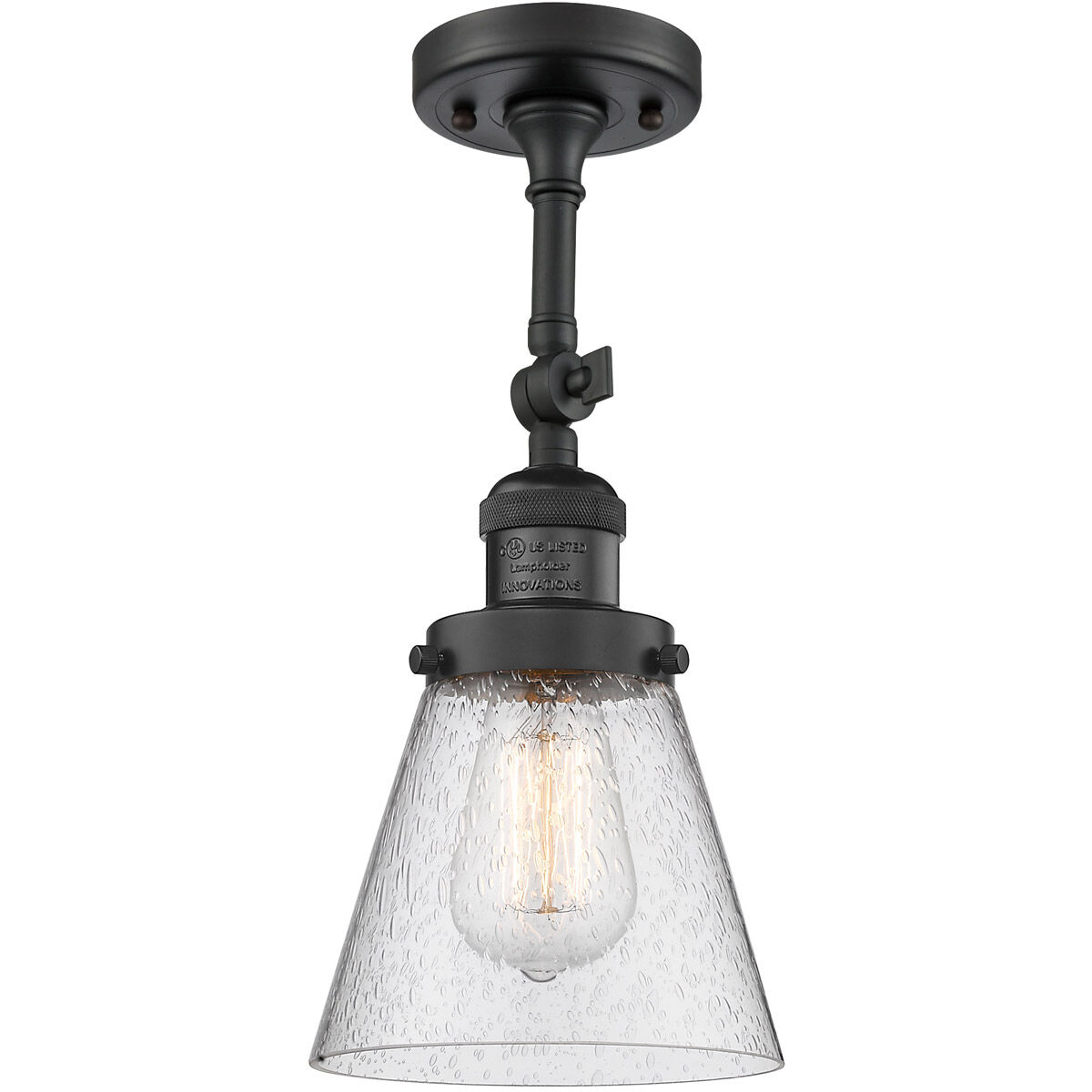 Franklin Restoration Small Cone LED 6 inch Matte Black Semi-Flush Mount Ceiling Light in Seedy Glass, Franklin Restoration