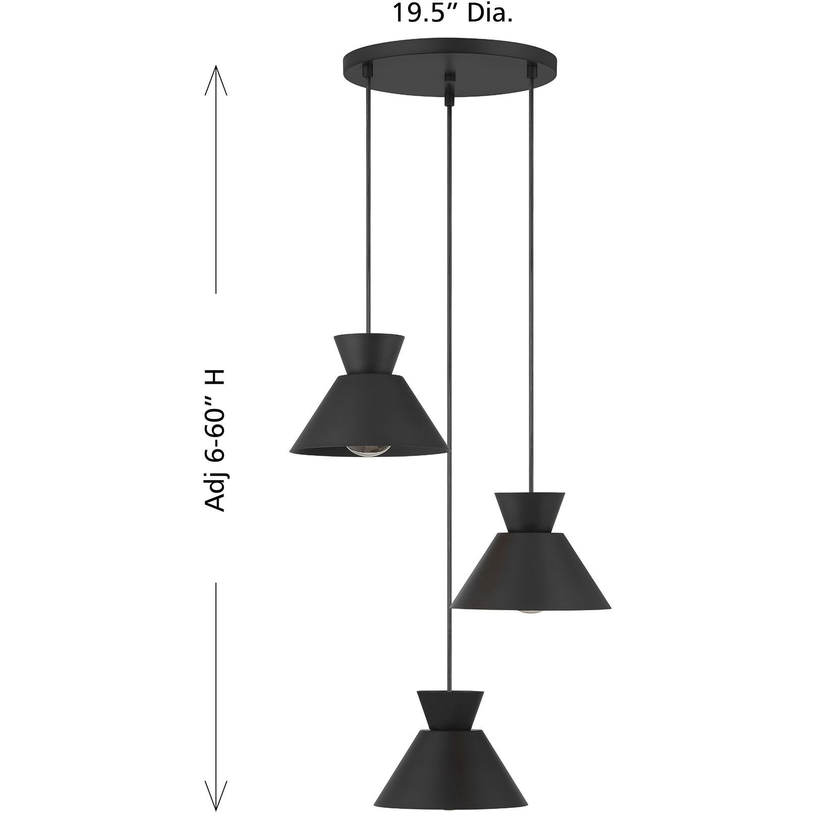 Mid-Century Modern 3 Light 19.5 inch Matte Black Multi-Point Chandelier Ceiling Light