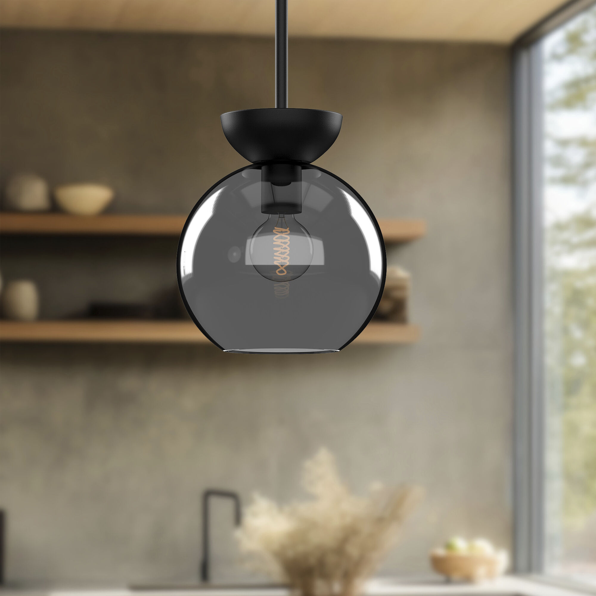 Arcadia 1 Light 7.88 inch Black Pendant Ceiling Light in Smoked Glass