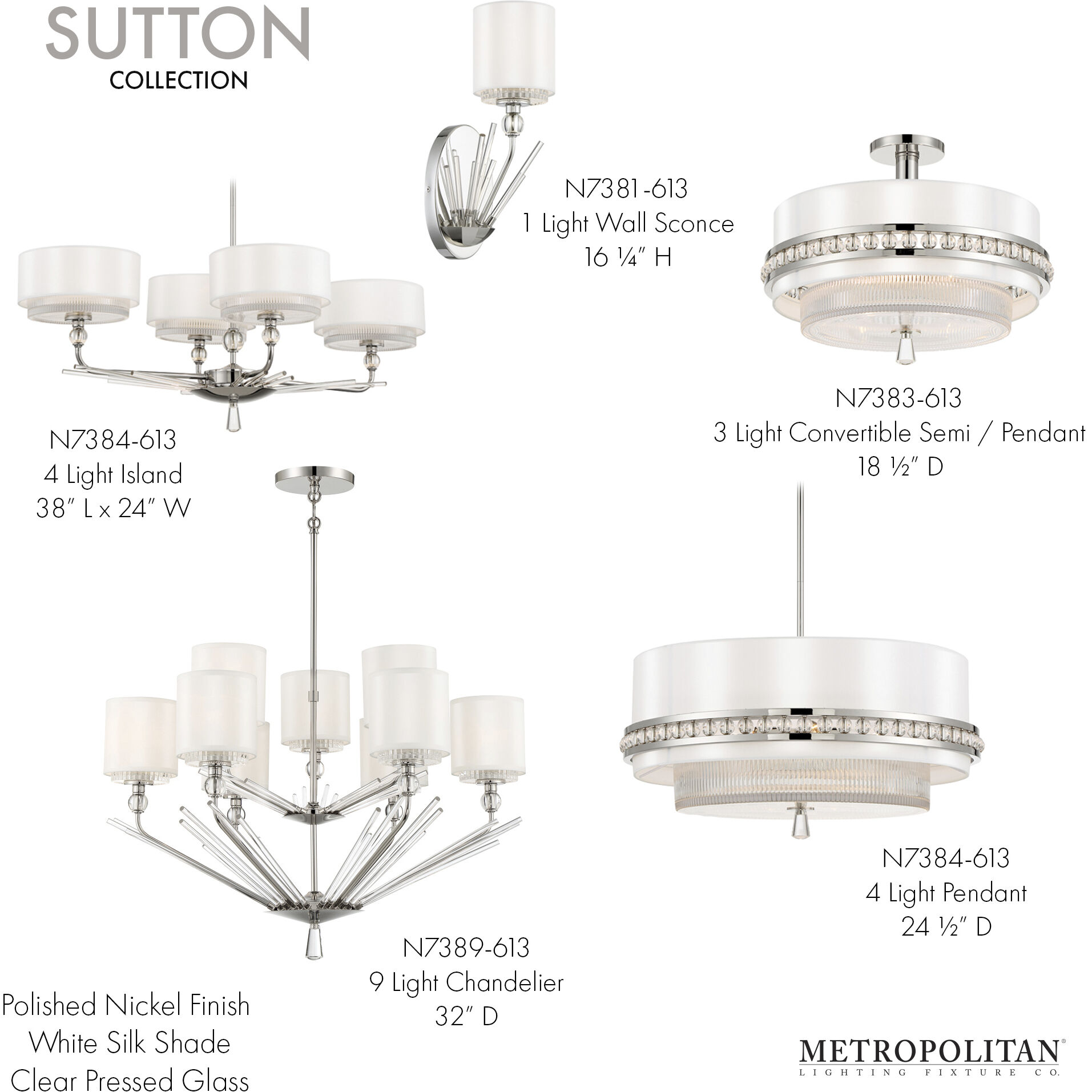 Sutton 3 Light 18.38 inch Polished Nickel Semi Flush And Pendant Ceiling Light