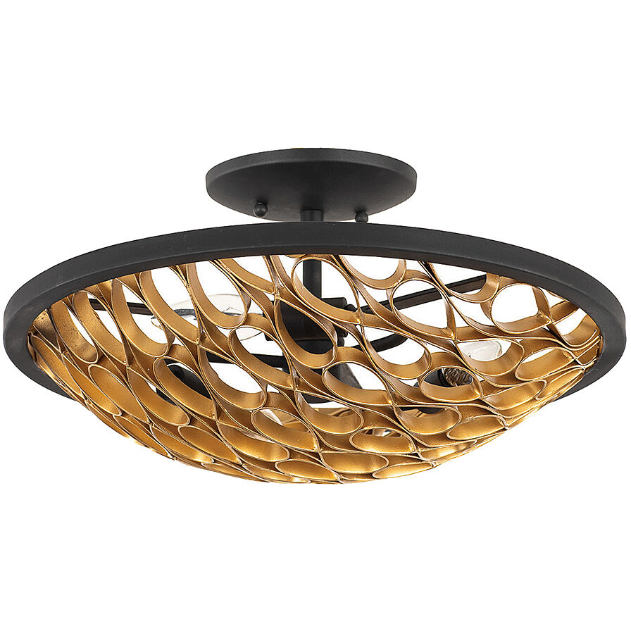 Ventura 3 Light 16 inch Matte Black and Gold Semi-Flush Ceiling Light
