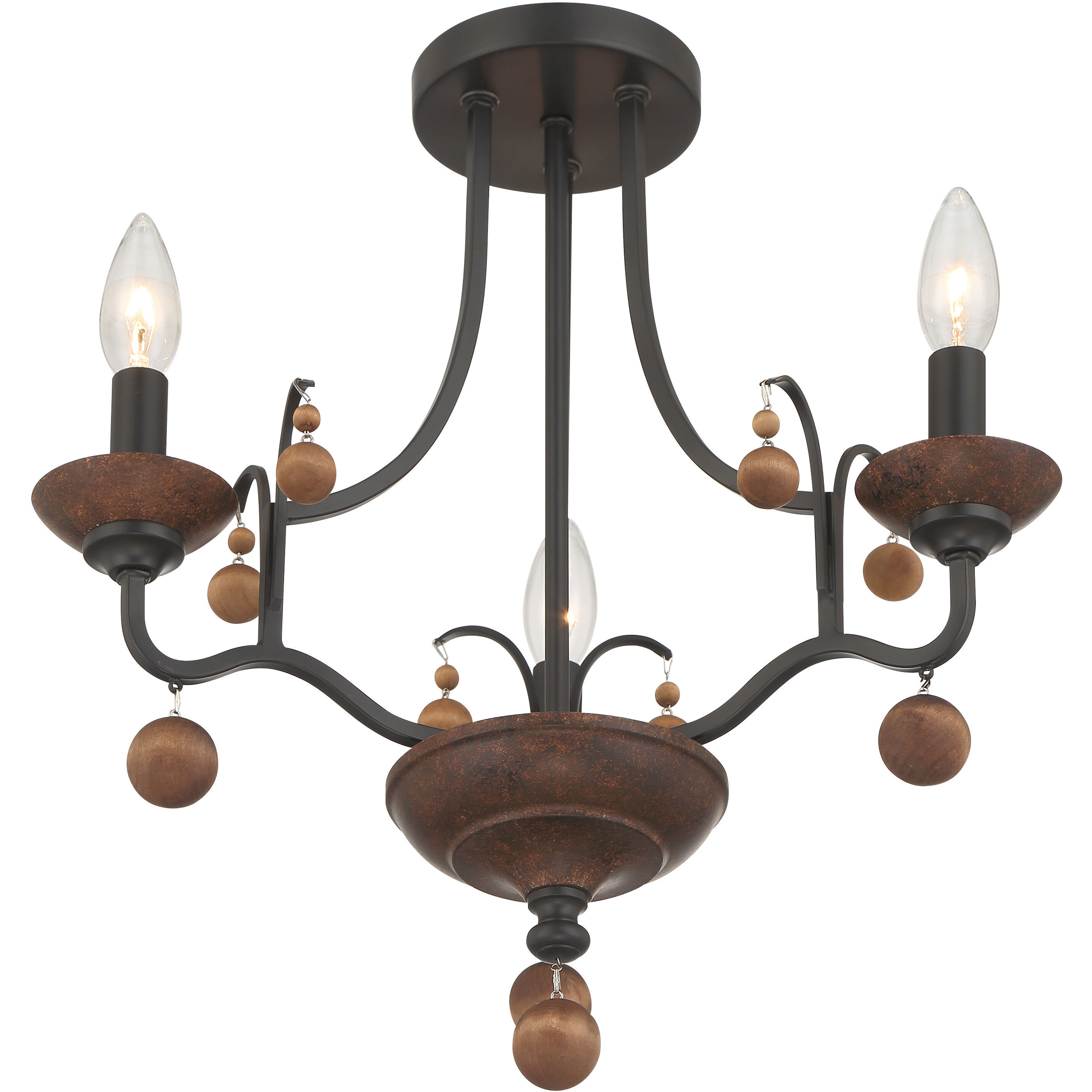 Colonial Charm 3 Light 16.75 inch Old World Bronze with Walnut Semi Flush Ceiling Light
