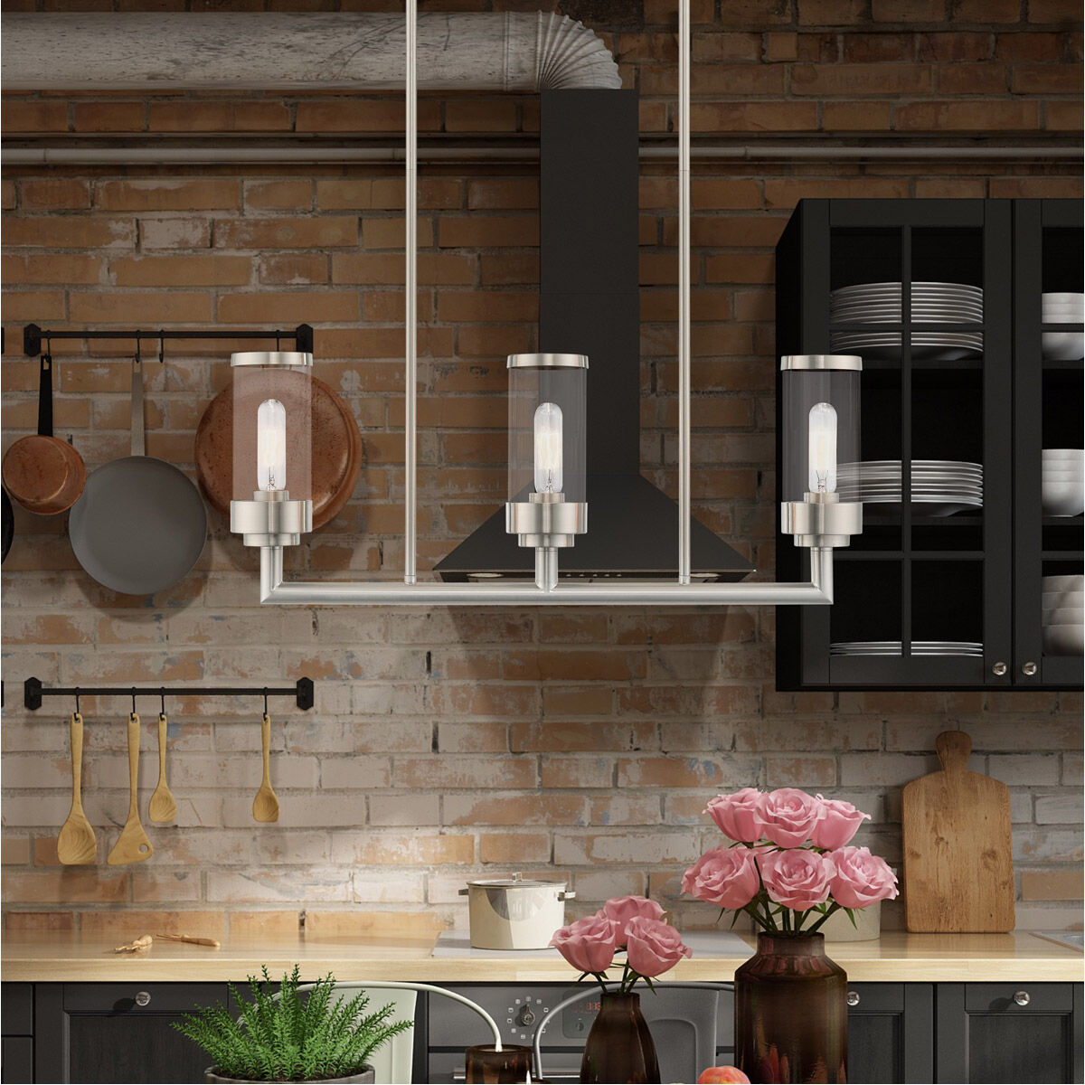 Hillcrest 3 Light 28 inch Brushed Nickel Linear Chandelier Ceiling Light