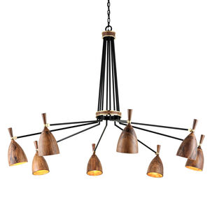 Utopia LED 63.5 inch Satin Black and Polished Brass Chandelier Ceiling Light in Acacia Wood
