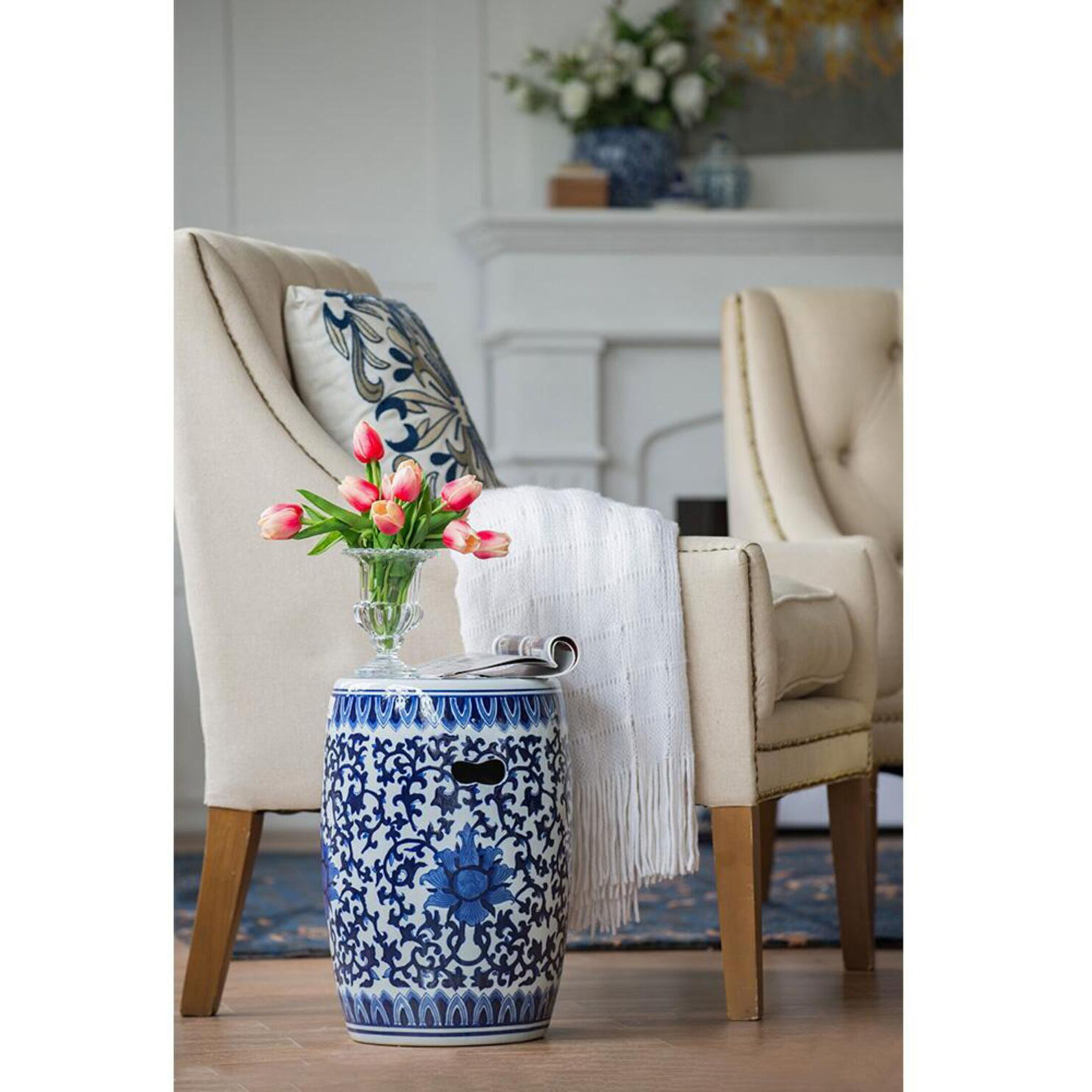 Garden 15.9 inch Blue and White Stool