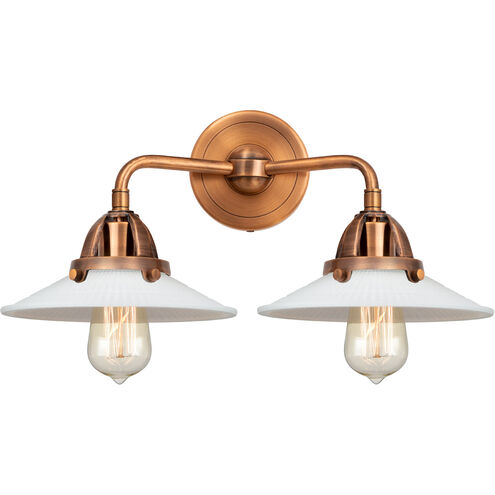 Nouveau 2 Halophane 2 Light 17 inch Antique Copper Bath Vanity Light Wall Light in Matte White Halophane Glass