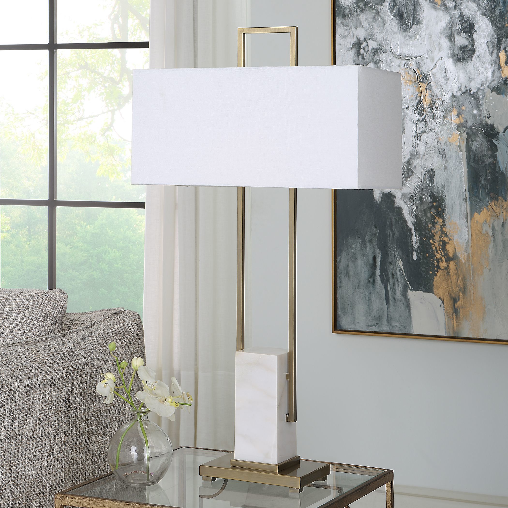 Column 35 inch 100.00 watt Plated Brass and White Marble Table Lamp Portable Light