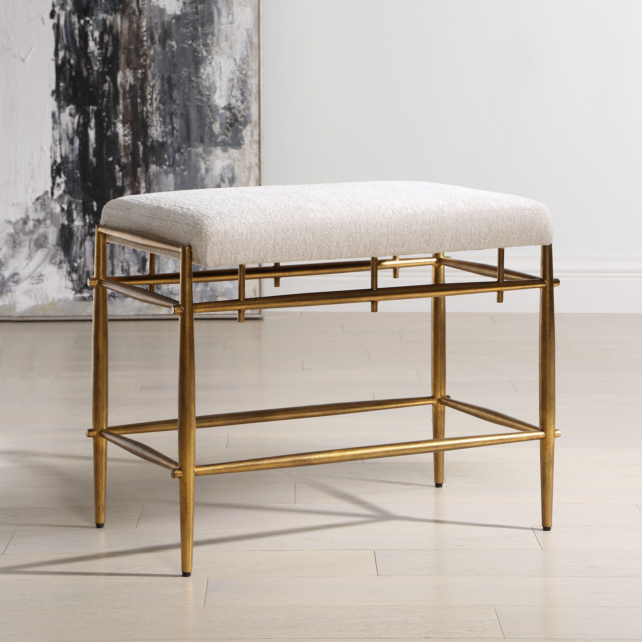 Karleen Antique Brass and Ivory Chenille Bench