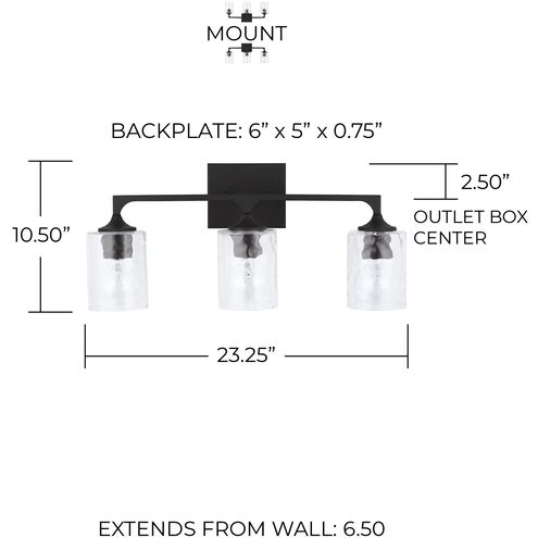 Clint 3 Light 23 inch Black Iron Vanity Light Wall Light