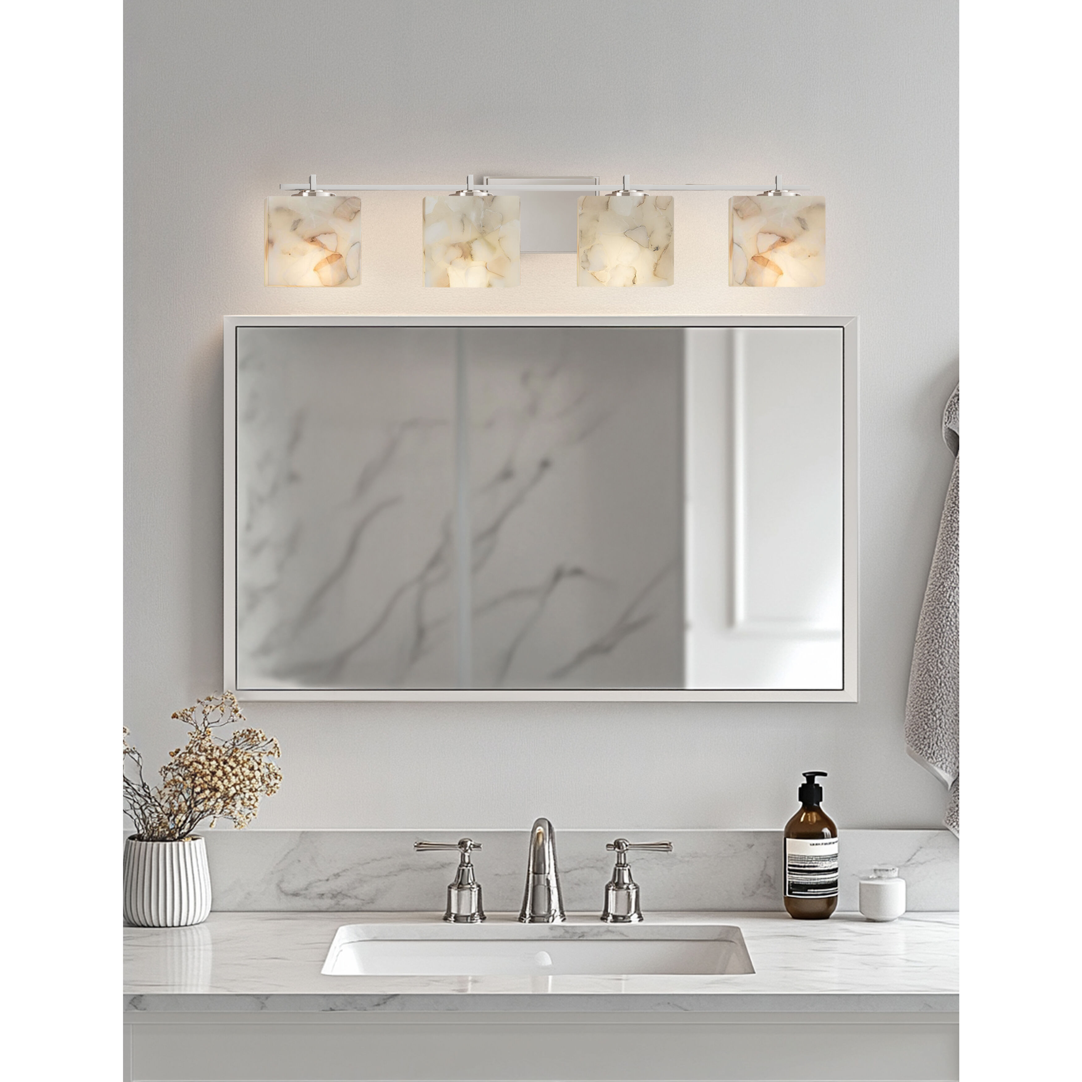 Alabaster Rocks 4 Light 35.75 inch Brushed Nickel Vanity Light Wall Light in LED, Rectangle