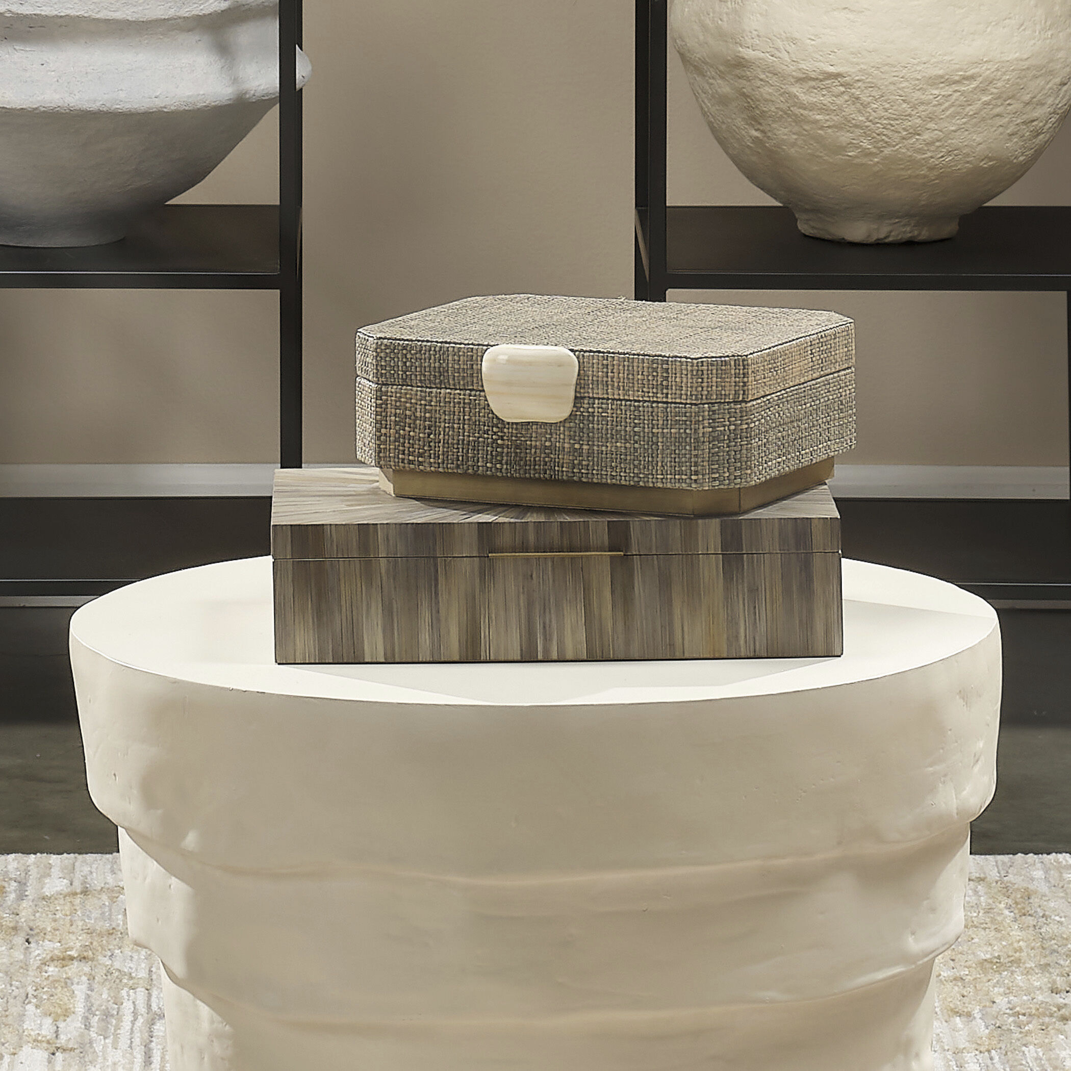 Palm 14.25 inch Grey Straw and Antique Brass Marquetry Box