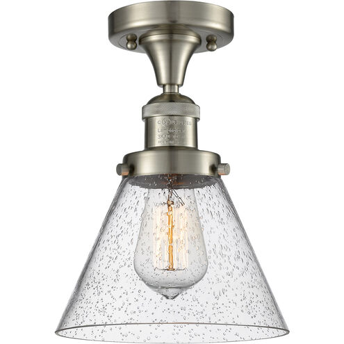 Franklin Restoration Large Cone 1 Light 8 inch Brushed Satin Nickel Semi-Flush Mount Ceiling Light in Seedy Glass, Franklin Restoration