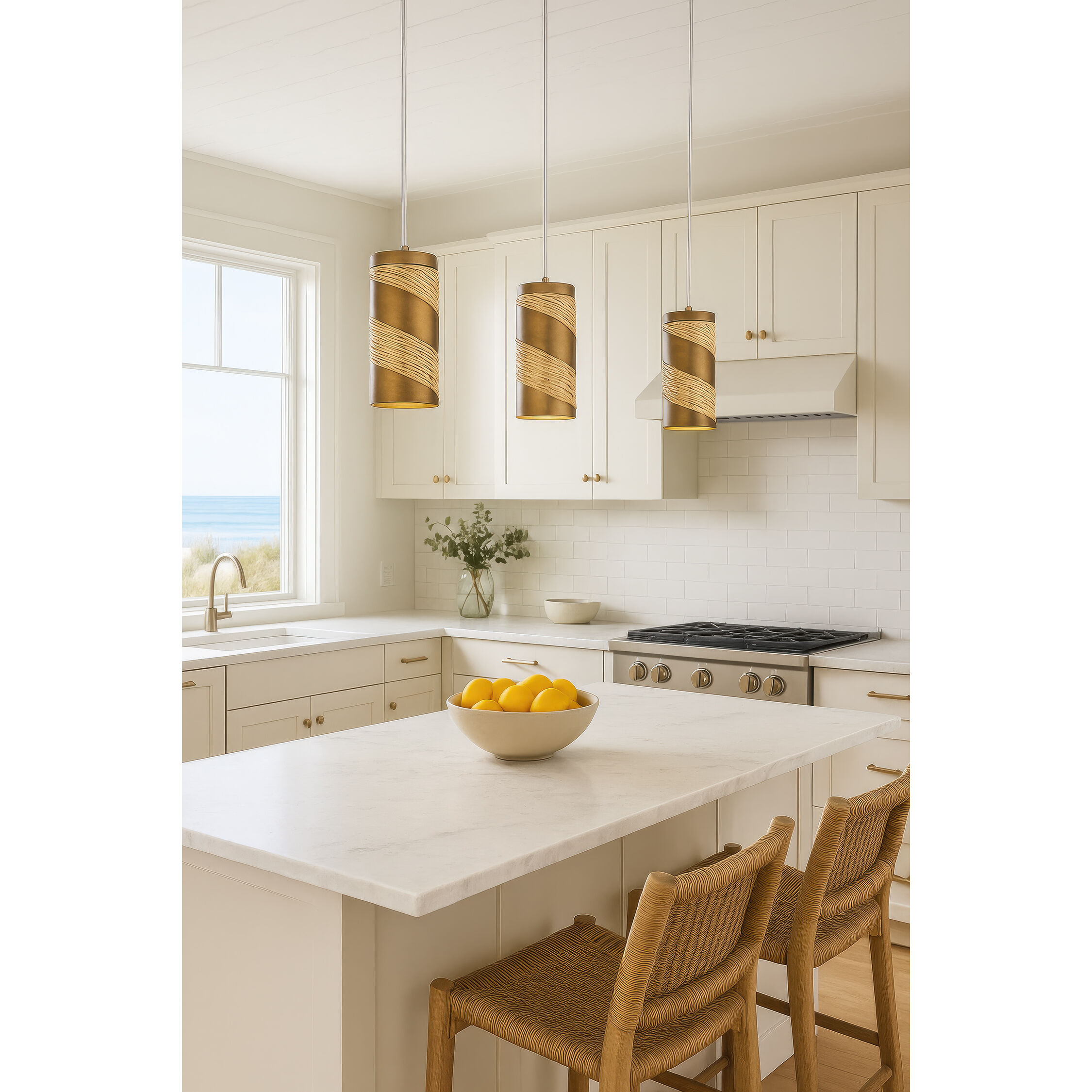 Flow 1 Light 4 inch Baguette and Natural Rattan Mini Pendant Ceiling Light in Baguette/Natural Rattan, Smithsonian Collaboration