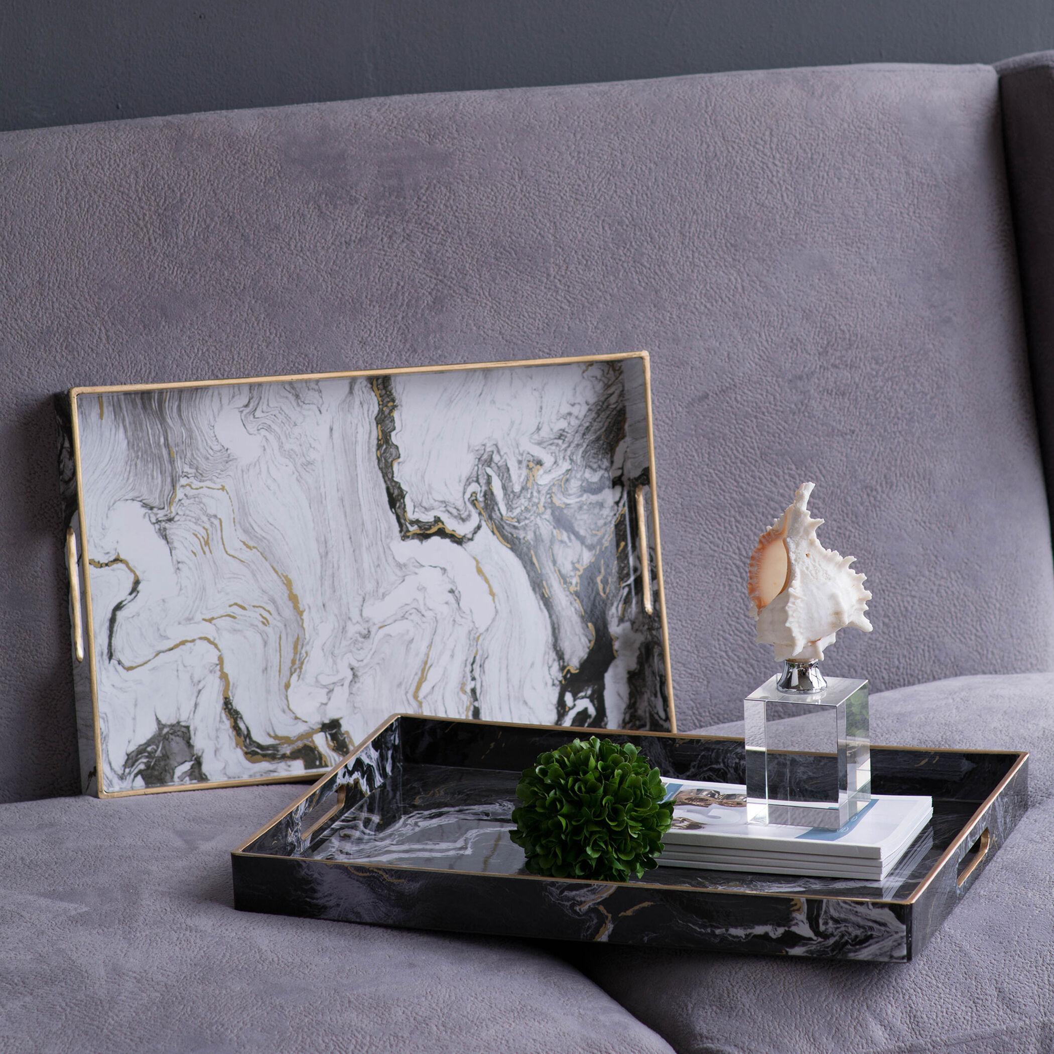 Quinn Rectangular Decorative Black and White Tray, Set of 2