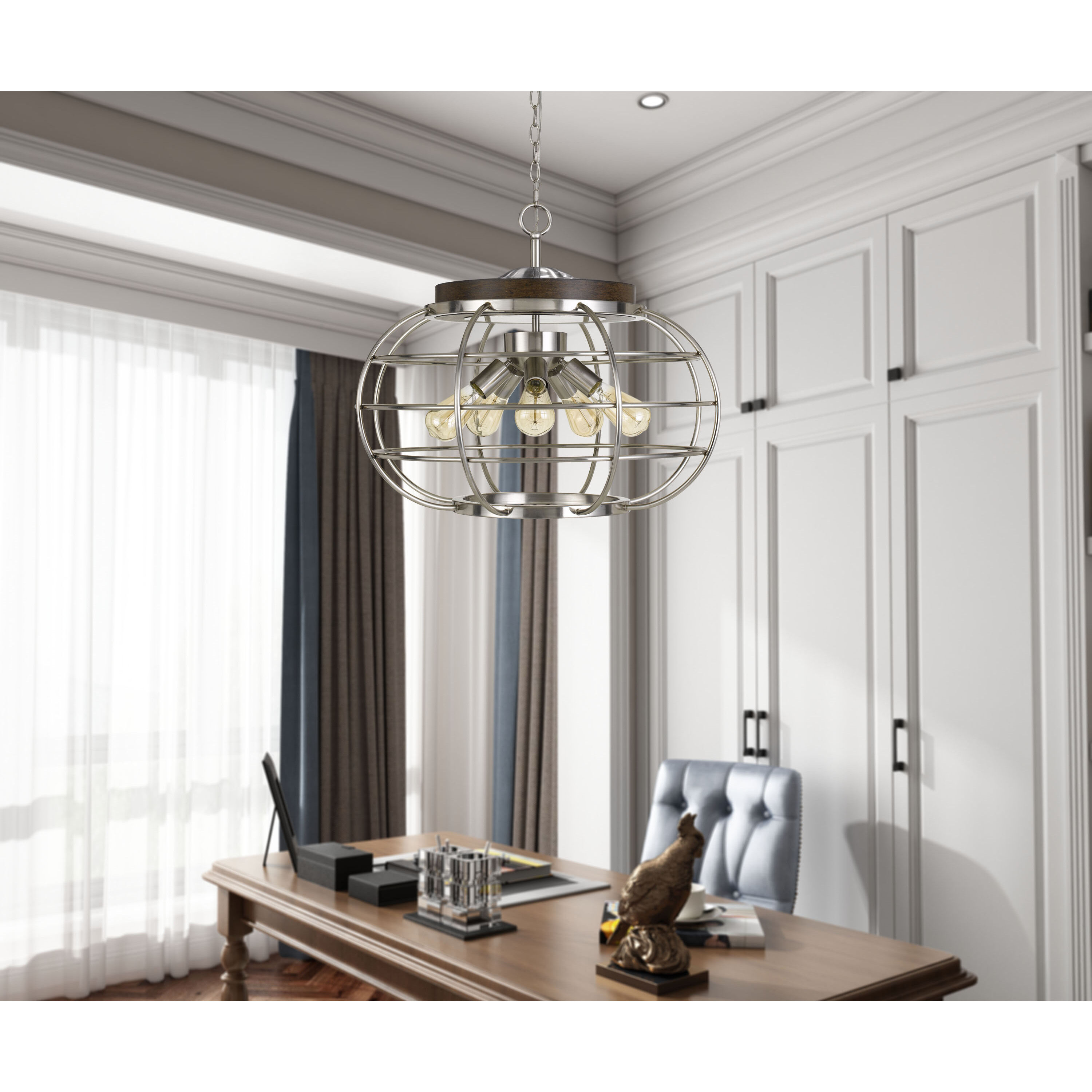 Liberty 5 Light 25 inch Brushed Steel with Wood Chandelier Ceiling Light