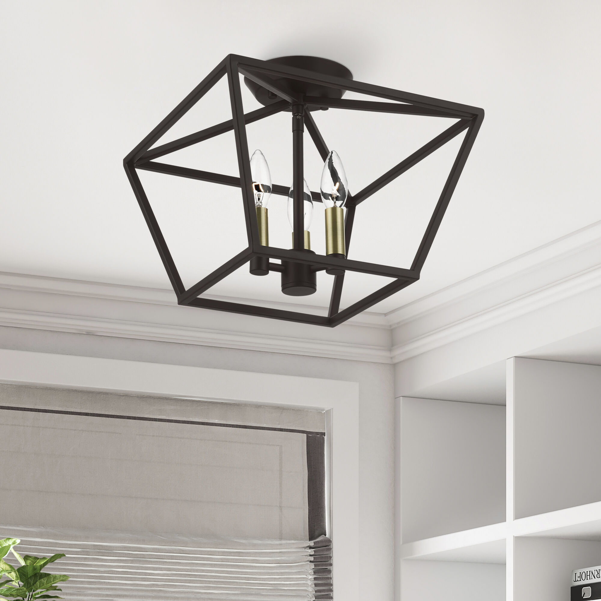 Devone 3 Light 13 inch Bronze with Antique Brass Accents Semi-Flush Ceiling Light, Square