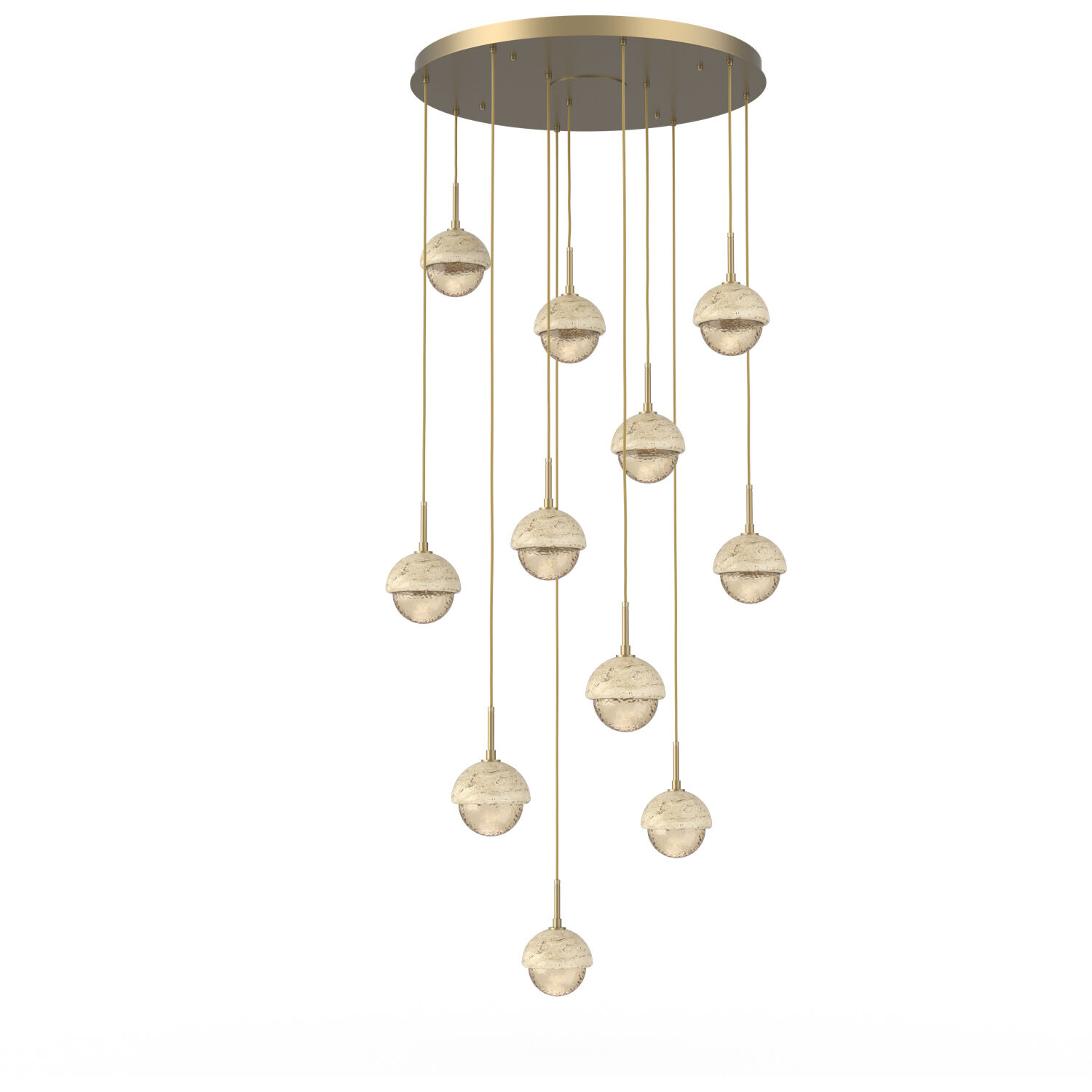 Cabochon LED Gilded Brass with Travertine Stone Pendant Chandelier Ceiling Light in Amber, 2700K LED
