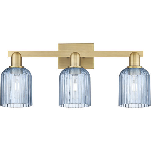 Bridal Veil 3 Light 24 inch Brushed Brass Bath Vanity Light Wall Light in Blue Glass