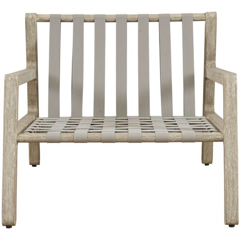 Strapped Ivory Rattan and Cerused Wheat Mahogany Wood Outdoor Lounge Chair