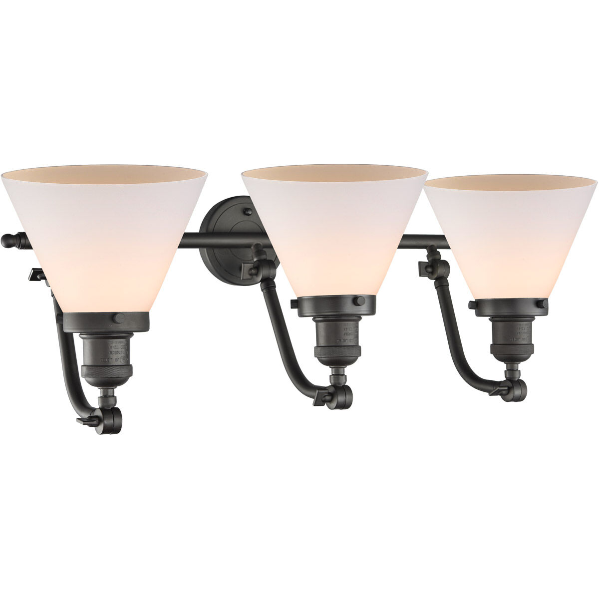 Franklin Restoration Large Cone 3 Light 28 inch Oil Rubbed Bronze Bath Vanity Light Wall Light in Matte White Glass, Franklin Restoration