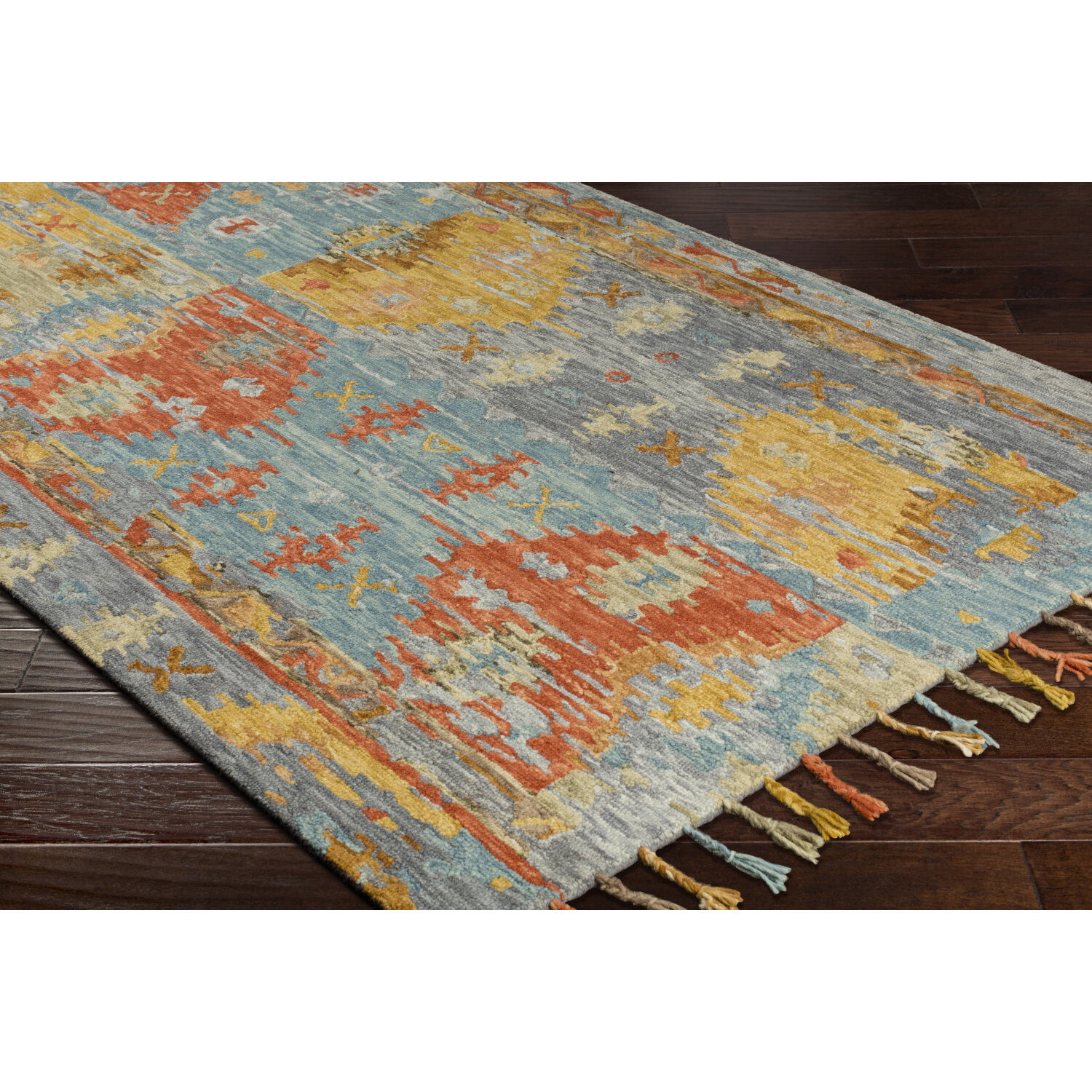 Bonifate 120 X 96 inch Rust/Medium Gray/Teal/Mustard/Light Olive/Camel Handmade Rug, Rectangle