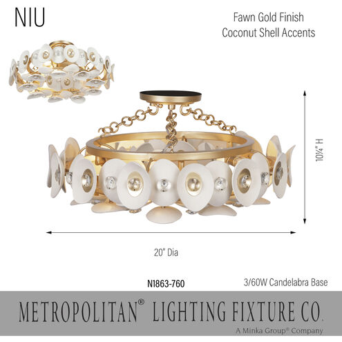 Niu 3 Light 20 inch Coconut Shell Gold / Coconut Shell White Semi Flush Ceiling Light