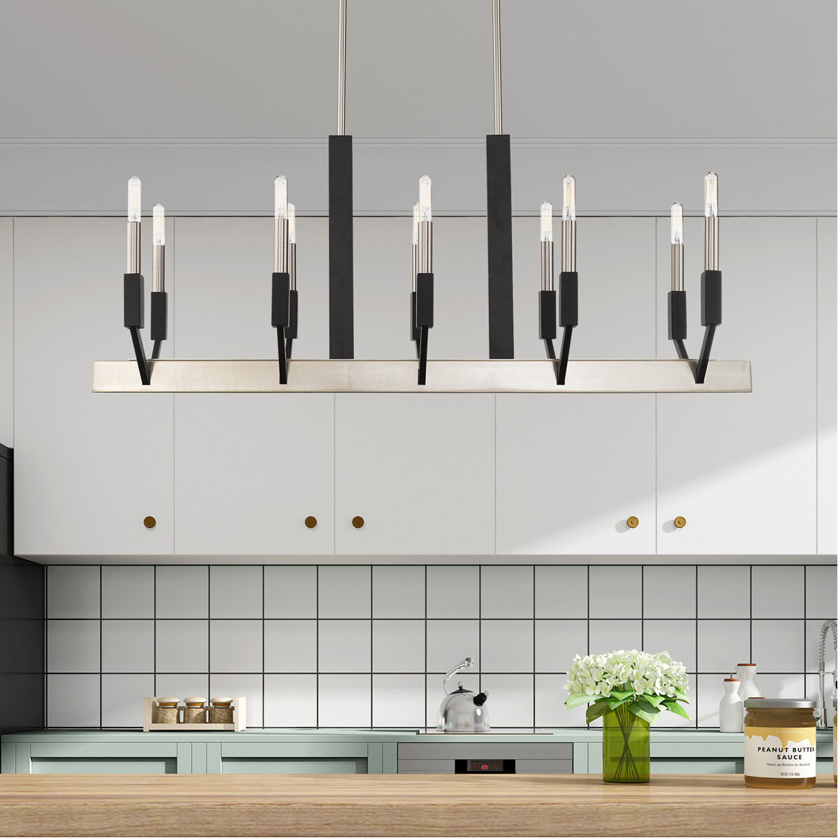 Beckett 10 Light 40 inch Brushed Nickel & Black Linear Chandelier Ceiling Light