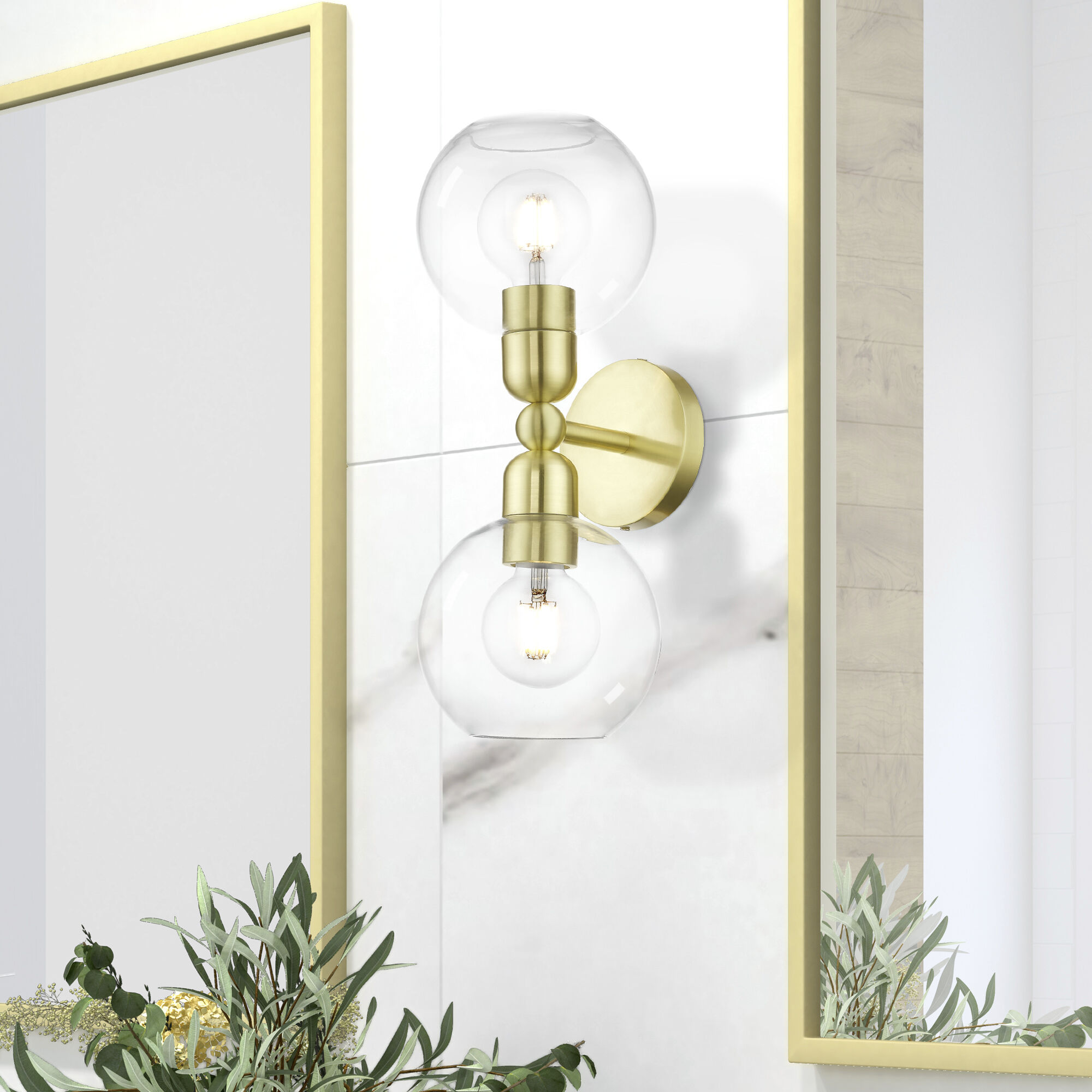 Downtown 2 Light 7 inch Satin Brass Vanity Sconce Wall Light, Sphere