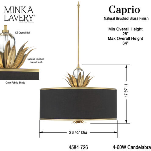 Caprio 4 Light 23.63 inch Natural Brushed Brass Pendant Ceiling Light