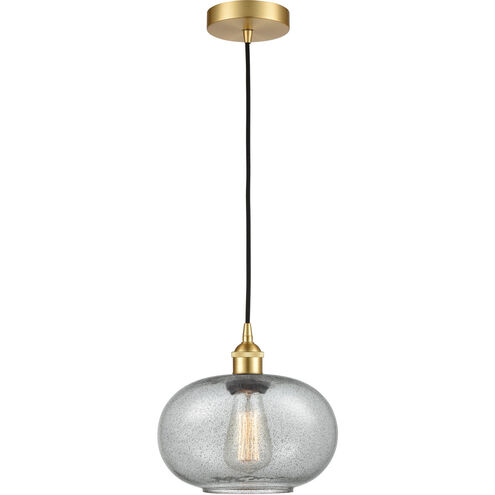 Edison Gorham LED 9.5 inch Satin Gold Mini Pendant Ceiling Light in Charcoal Glass