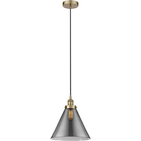 Edison Cone LED 12 inch Antique Brass Mini Pendant Ceiling Light in Plated Smoke Glass