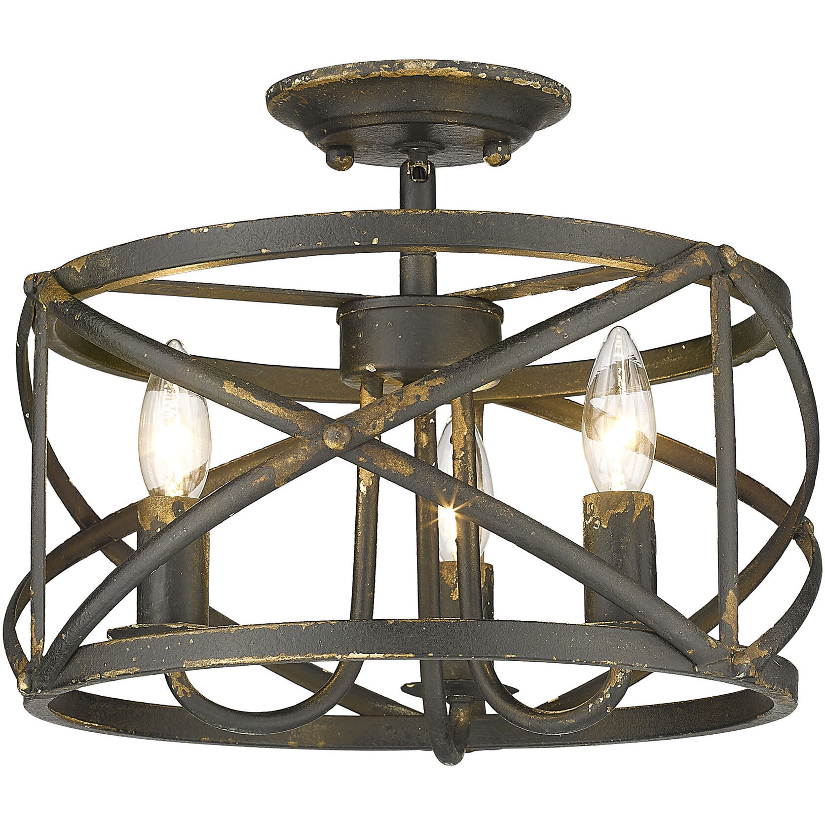 Alcott 3 Light 13.5 inch Antique Black Iron Semi-Flush Mount Ceiling Light