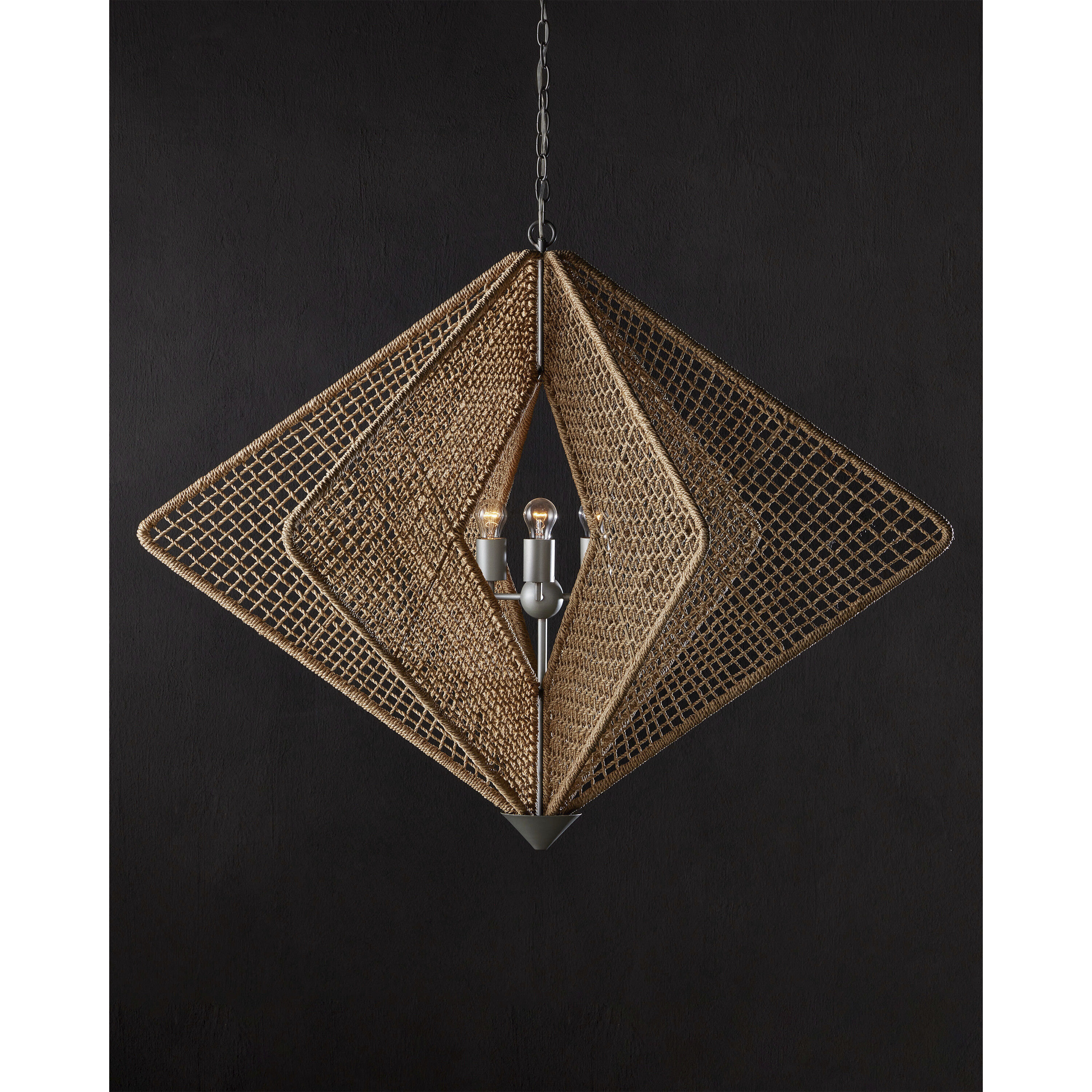 Shizen 3 Light 47 inch Natural Rope and Hiroshi Gray Chandelier Ceiling Light, Hiroshi Koshitaka Collection
