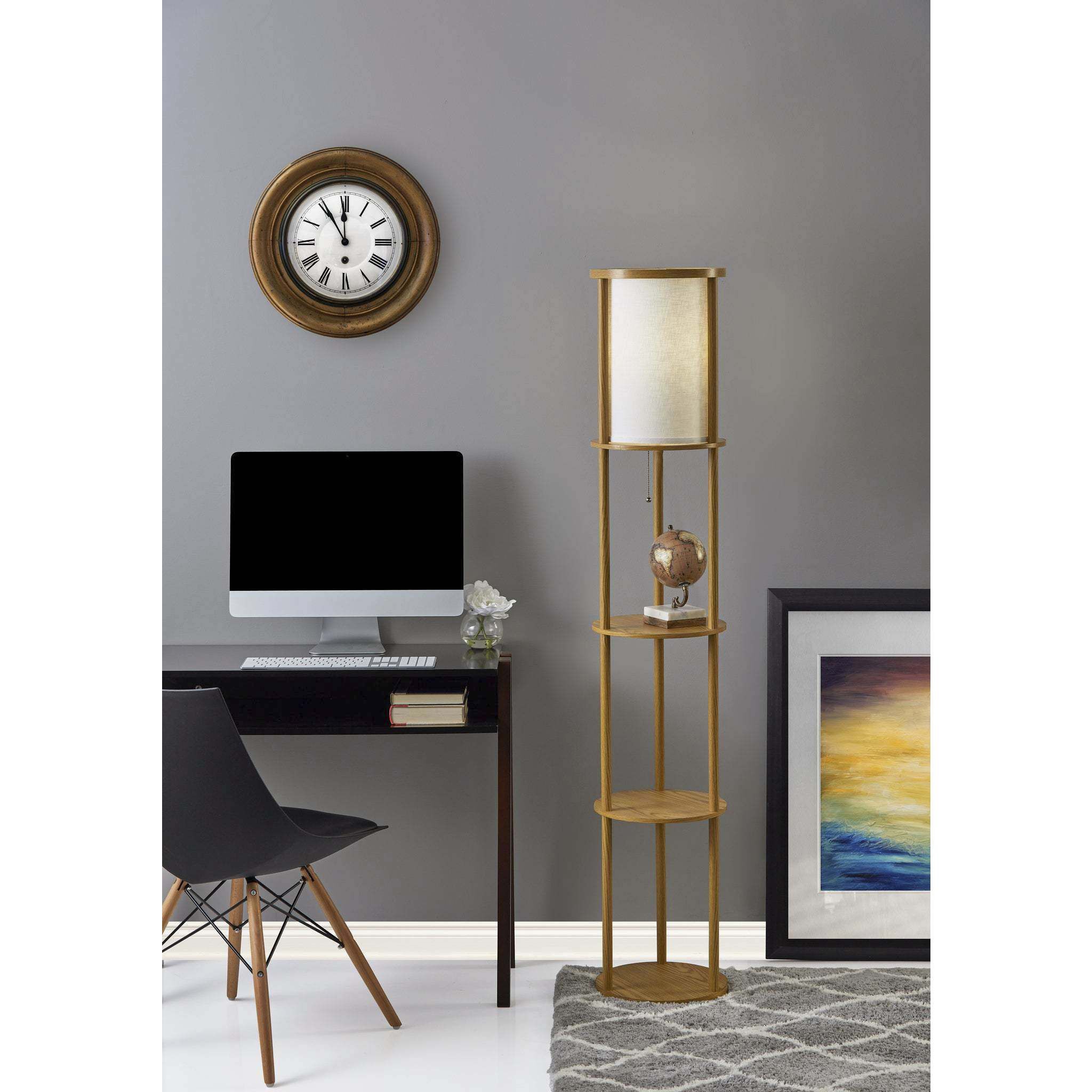 Stewart 62.5 inch 150 watt Natural Wood Veneer Round Shelf Floor Lamp Portable Light
