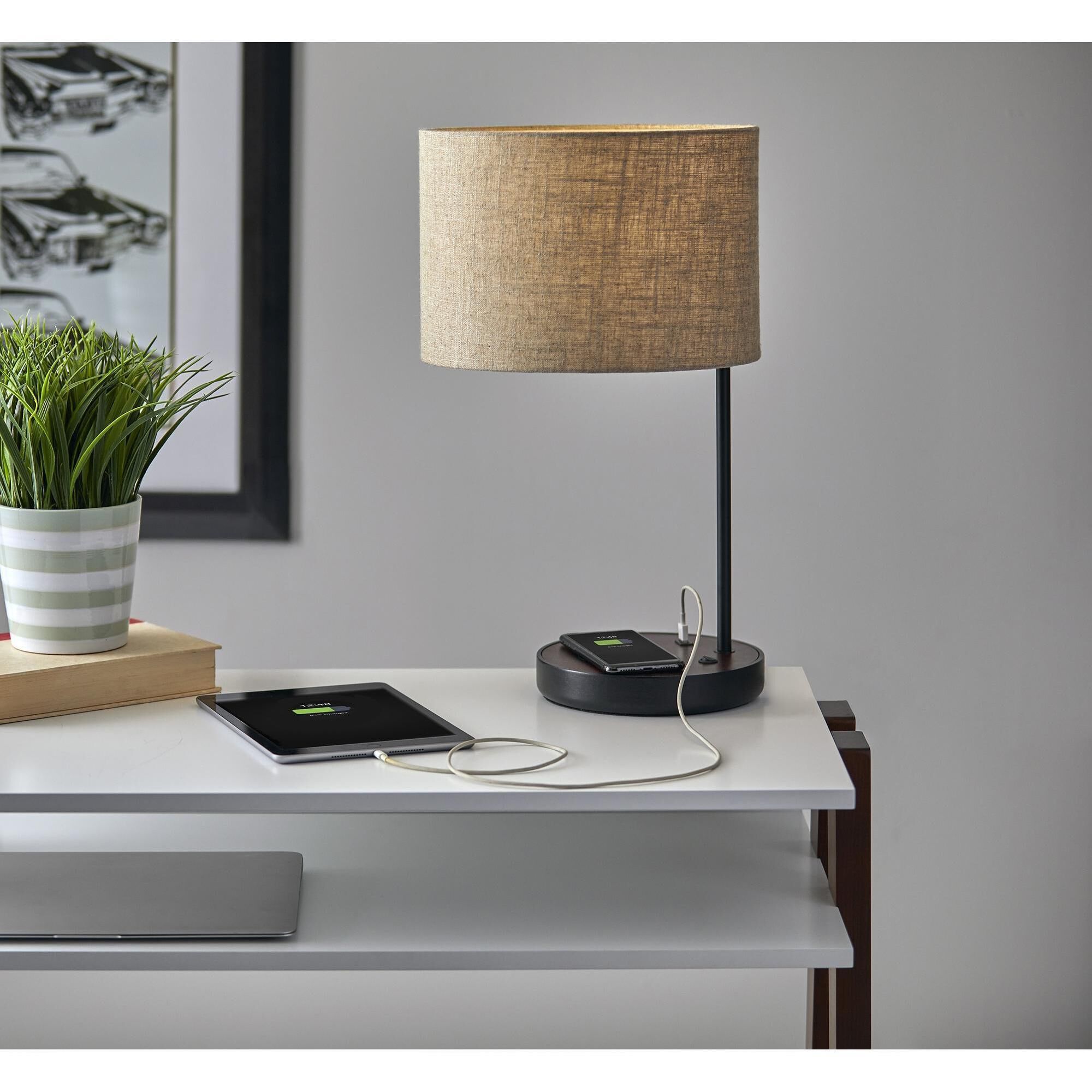 Oliver 20 inch 100.00 watt Matte Black and Walnut Poplar Wood Table Lamp Portable Light, with AdessoCharge Wireless Charging Pad and USB Port 