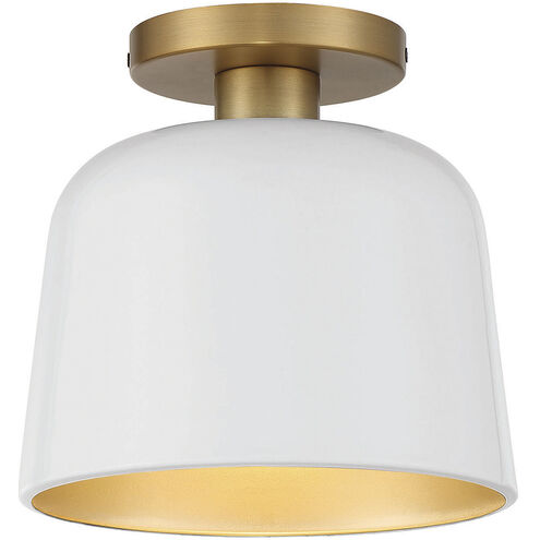 Vintage 1 Light 9 inch White and Natural Brass Semi-Flush Ceiling Light in White with Natural Brass
