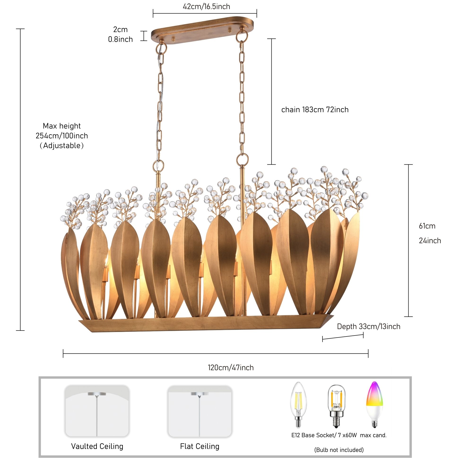 Callista 7 Light 47.5 inch Antique Gold Leaf Linear Chandelier Ceiling Light