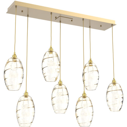 Ellisse 7 Light Gilded Brass Linear Pendant Ceiling Light in Ellisse Amber, Multi-Port