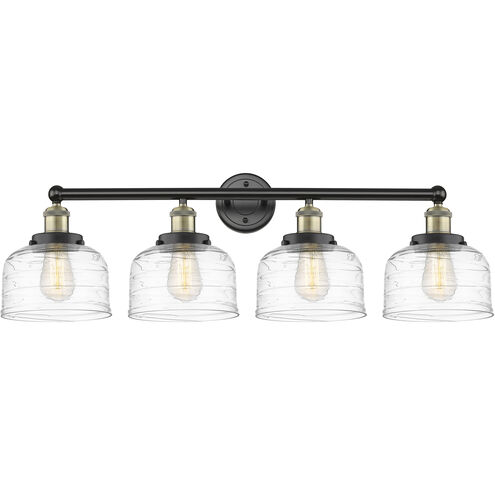 Bell 4 Light 33.5 inch Black Antique Brass Bath Vanity Light Wall Light in Clear Deco Swirl Glass, Large