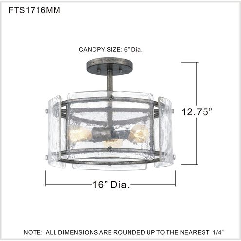 Fortress 3 Light 16 inch Mottled Silver Semi-Flush Mount Ceiling Light