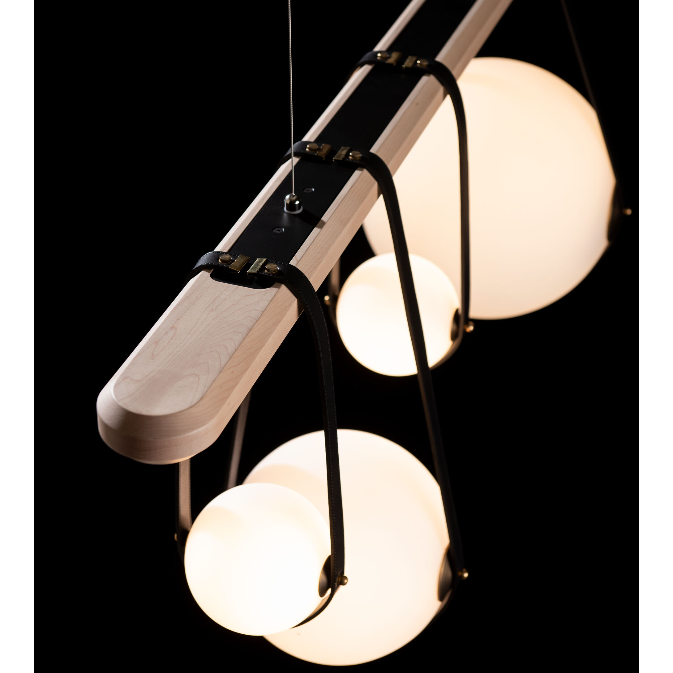 Derby LED 52 inch Black and Antique Brass Linear Pendant Ceiling Light in Black/Antique Brass, Black Leather with Maple Natural