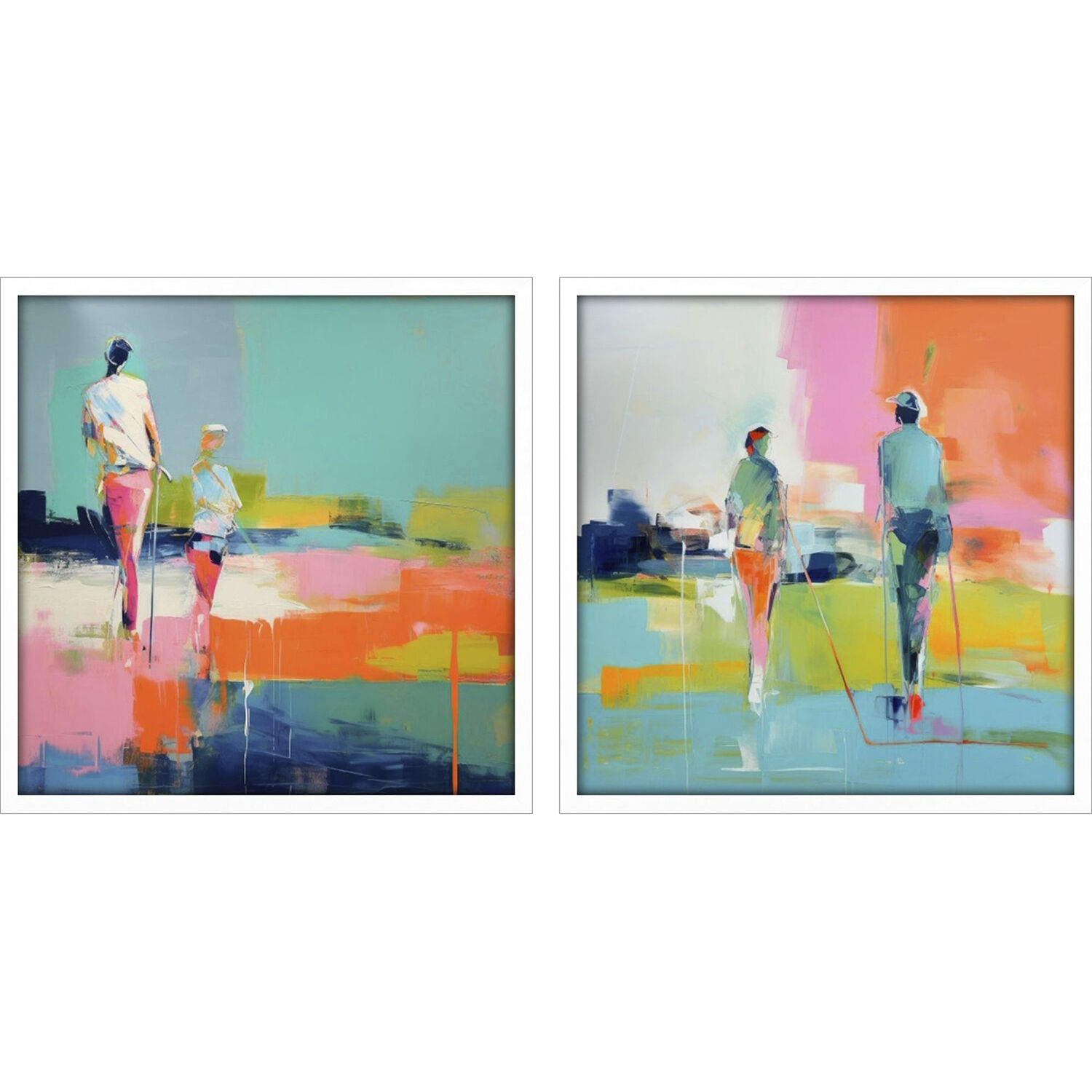Golf Players Turquoise and Green and Pink and Orange Framed Art