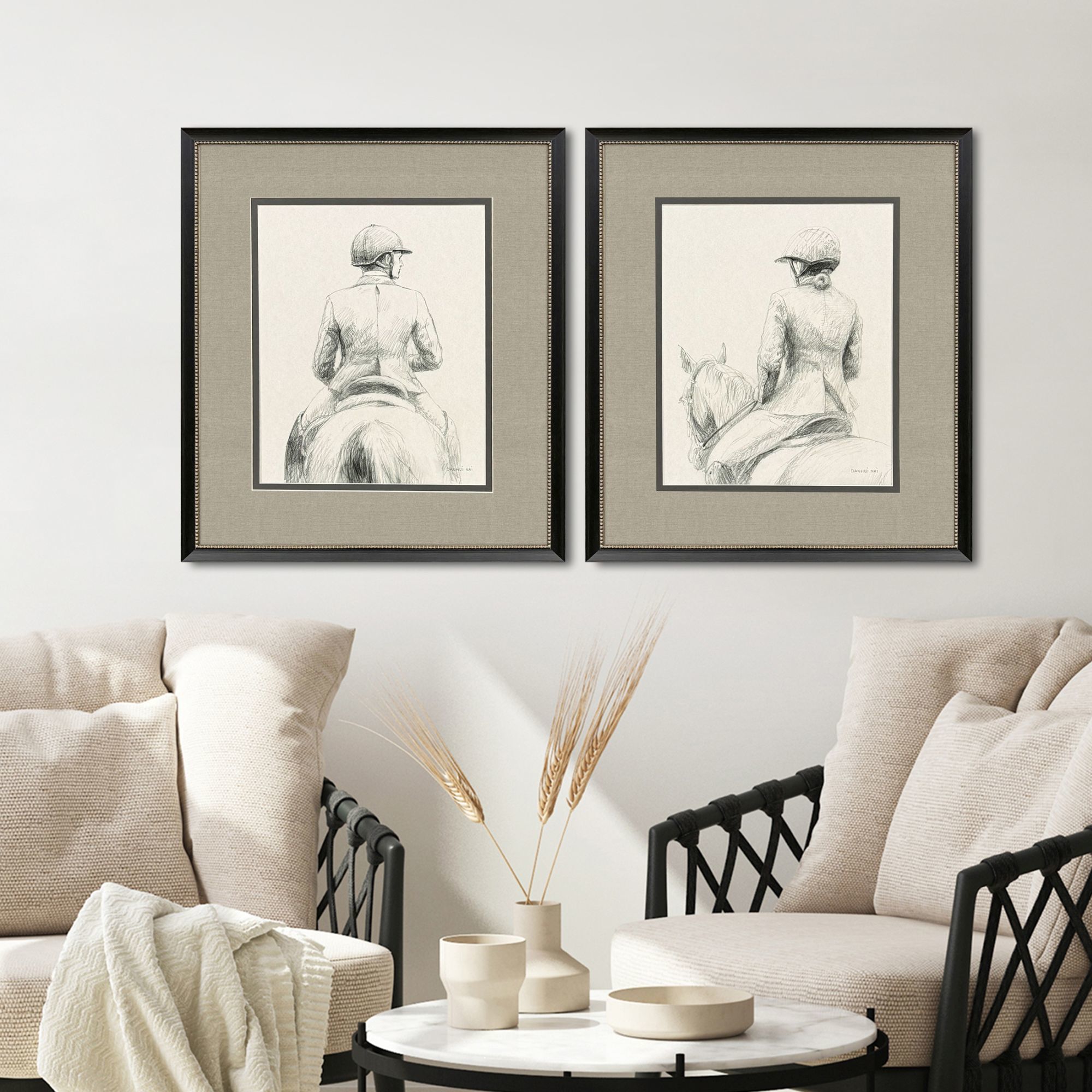 English Rider Gray and Beige and Brown and Sepia Framed Art